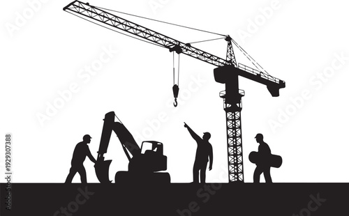 Construction site with crane and workers excavator