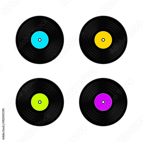 Black vinyl records set with colorful labels, without background