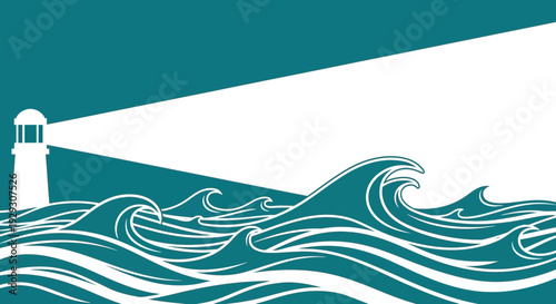 Lighthouse shining beam sea waves