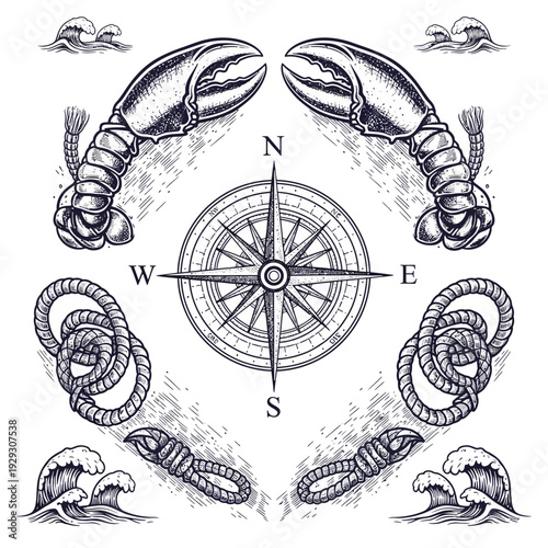 Nautical Theme Compass Lobster Rope Wave Illustration.