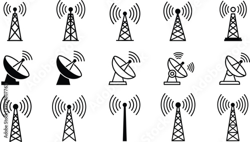Telecommunication tower and satellite dish silhouette icons set, wireless signal antenna vector illustration collection