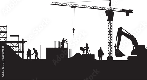 Construction site with crane and workers excavator