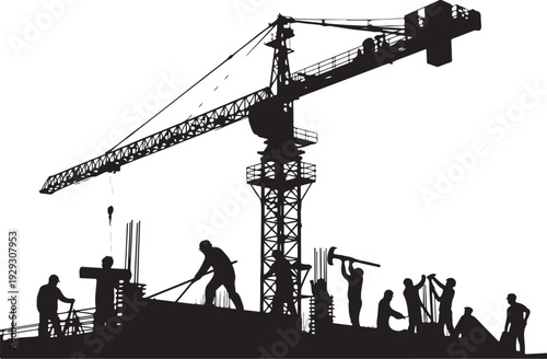 Construction site with crane and workers silhouettes
