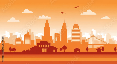 City Skyline Silhouette with Skyscrapers and Bridge.