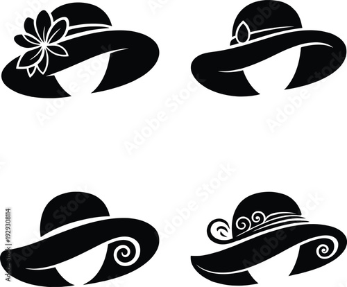 Elegant set of womens wide brimmed sun hats with decorative flowers and ribbons for summer fashion illustration.