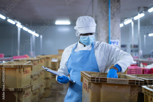 Wallpaper Mural Quality control officer and workers sorting, inspecting raw fish Torontodigital.ca