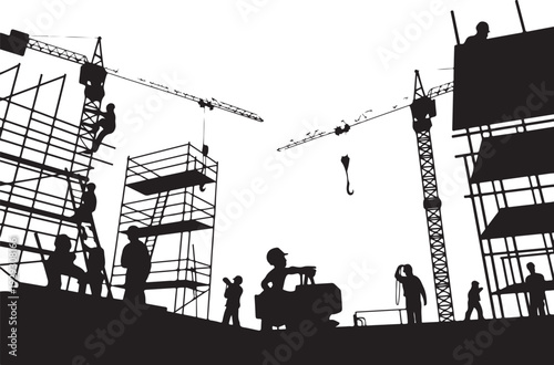 Construction site with cranes and workers building