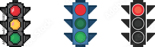 Pixel art traffic light icon set, modern flat design signal illustration, minimalist vector stoplight graphic, red yellow green illuminated lights