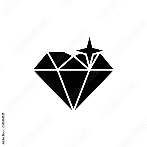 Black Diamond Icon with Sparkle Effect, Gemstone Symbol on White Background