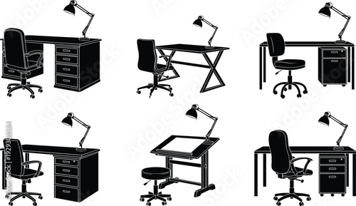 Office desk and chair silhouette set with table lamp, workplace furniture vector illustration collection isolated