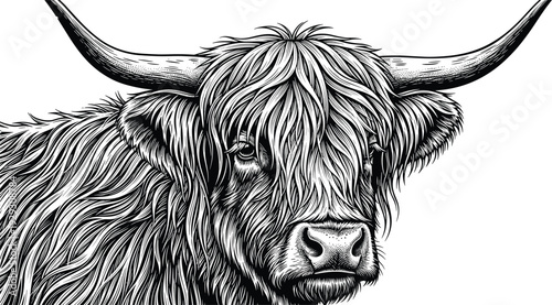 Highland cow front view, shaggy hair, curved horns, black and white sketch, farm animal, cad drawing flat vector illustration