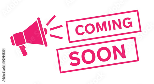 Pink megaphone with 'coming soon' text icon illustration for new product launch announcement or event notification.