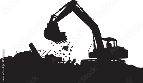 Excavator silhouette digging pile of rubble construction