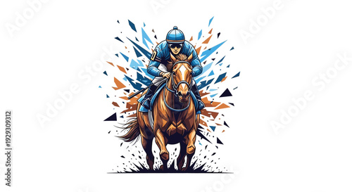 Dynamic illustration of a jockey riding a powerful racehorse at full speed with a vibrant geometric explosion