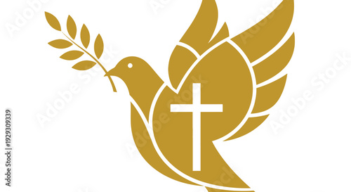 Golden religious dove holding an olive branch symbolizing peace spirit and christian faith concept