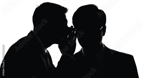 Businessmen silhouettes sharing confidential information closely in a dramatic high contrast studio setting