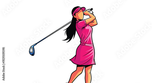 Stylized illustration of a female golfer completing her powerful backswing with a blue golf club