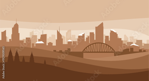 City Skyline with Bridge Silhouette Illustration.