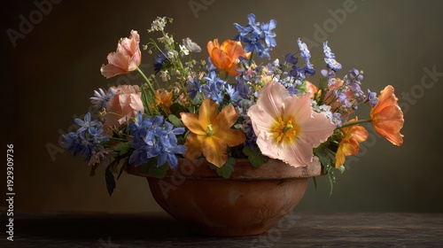 Vibrant flowers in a rustic clay pot on a wooden table