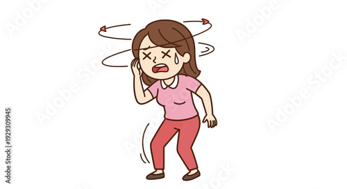 Cartoon woman experiencing severe dizziness and feeling sick while holding her head in confusion