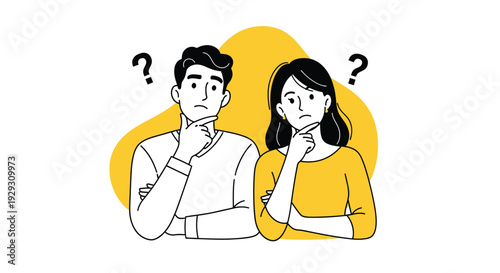Couple expressing confusion and deep thought while questioning a difficult decision or problem
