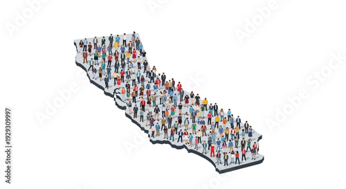 The diverse population of California is visually represented by numerous isometric people on the state map.