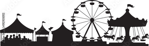 Black silhouette amusement park rides and tents carnival