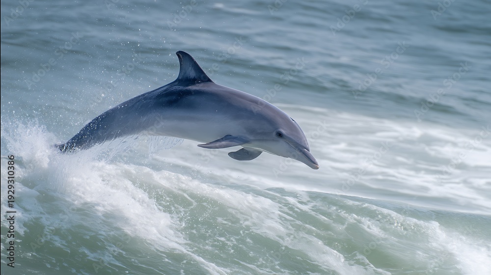 Fototapeta premium A bottlenose dolphin leaps out of the ocean waves, showcasing its agility and the beauty of marine life in its natural habitat.