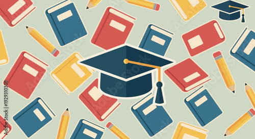 Graduation cap and books, education background