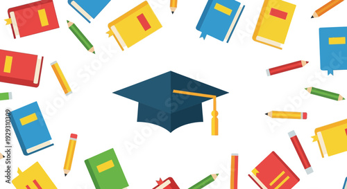 Graduation cap and books, education concept