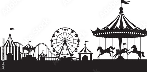 Black silhouette amusement park with ferris wheel and carousel