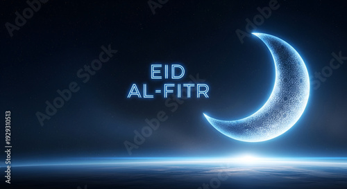 Eid al Fitr Ramadan celebration vector glowing crescent moon space sky islamic festival greeting background for mubarak wishes spiritual faith culture night