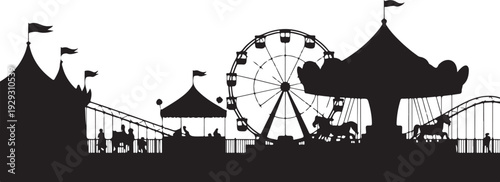 Black silhouette amusement park with ferris wheel and roller coaster