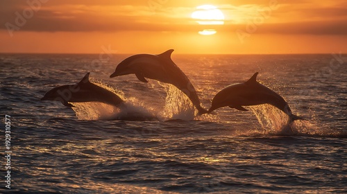 Pod of dolphins leaping in unison at sunset over the ocean, silhouetted against a warm orange sky, a magical wildlife moment.