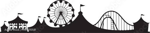 Black silhouette amusement park with ferris wheel and roller coaster