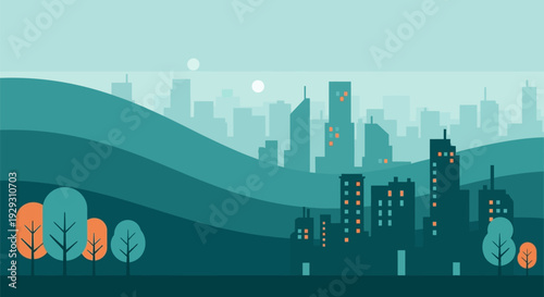 City Skyline with Rolling Hills and Trees.