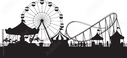 Black silhouette amusement park with ferris wheel and rollercoaster