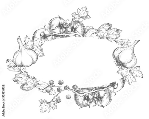 Oval frame of the tomatoes, parsley, green onion and garlic. Vector ink styled handmade illustration. For packaging design, cards, cover, prints, product labels and fabric.