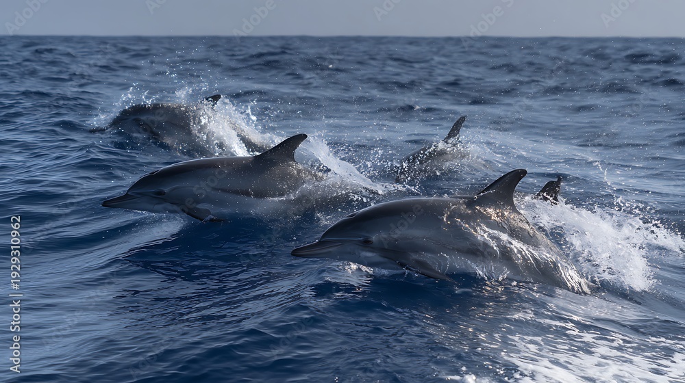 Fototapeta premium A pod of dolphins swims through the blue ocean, creating splashes as they move together with energetic grace.