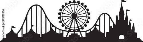 Black silhouette amusement park with roller coaster and castle