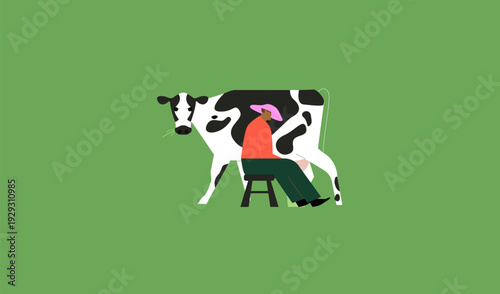 Male farmer milking a cow by hand on a rural farm. Traditional dairy farming, agriculture lifestyle and local food production concept.