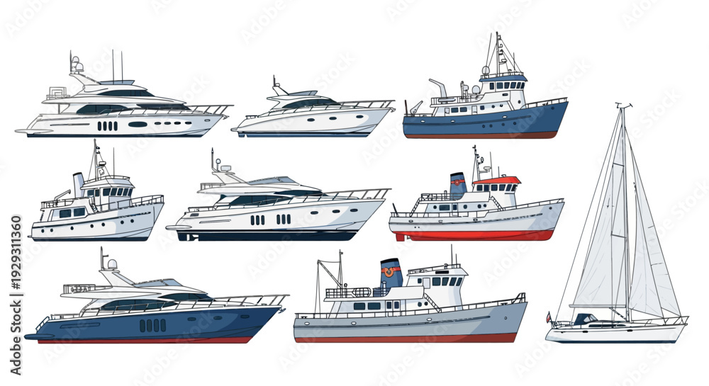 Naklejka premium Collectionofvariousboatsandyachtsonwhitebackground