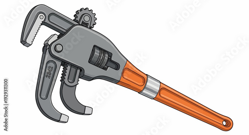 Adjustable pipe wrench with orange handle and gray metal jaws for gripping objects tightly