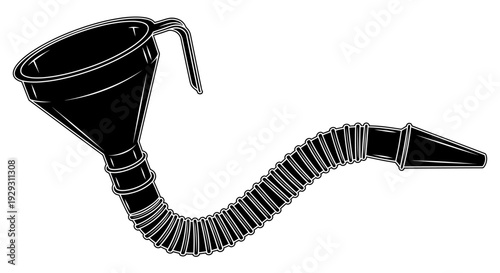 Black and white illustration of vintage metal funnel with flexible hose and nozzle