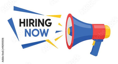 Hiring now announcement A colorful megaphone graphic promotes job opportunities