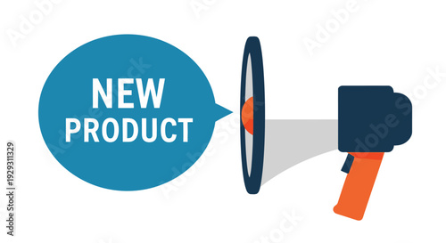 A blue megaphone announces a new product with bold white text