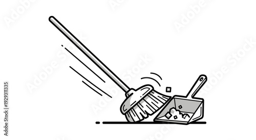 Broom sweeping dust into a dustpan on the floor with motion lines around it