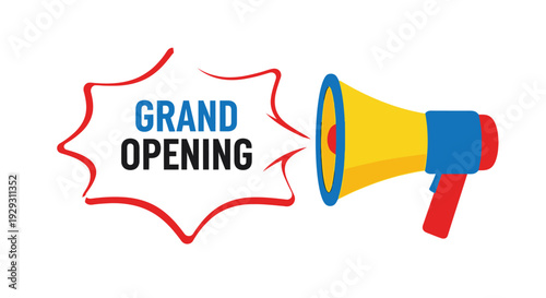 A colorful illustration announces a grand opening with a megaphone and speech bubble