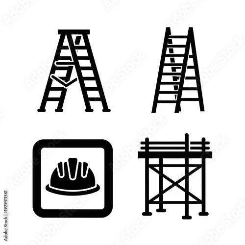 Construction icons including ladders and safety helmet and scaffolding