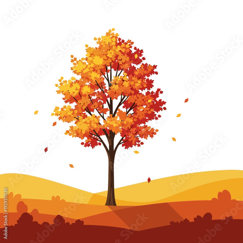 Vibrant Autumn Tree with Falling Leaves on Warm Hillside Backdrop